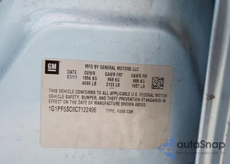 2012 Chevrolet Cruze Lt z USA, uszkodzony, nr VIN 1G1PF5SC8C7122496